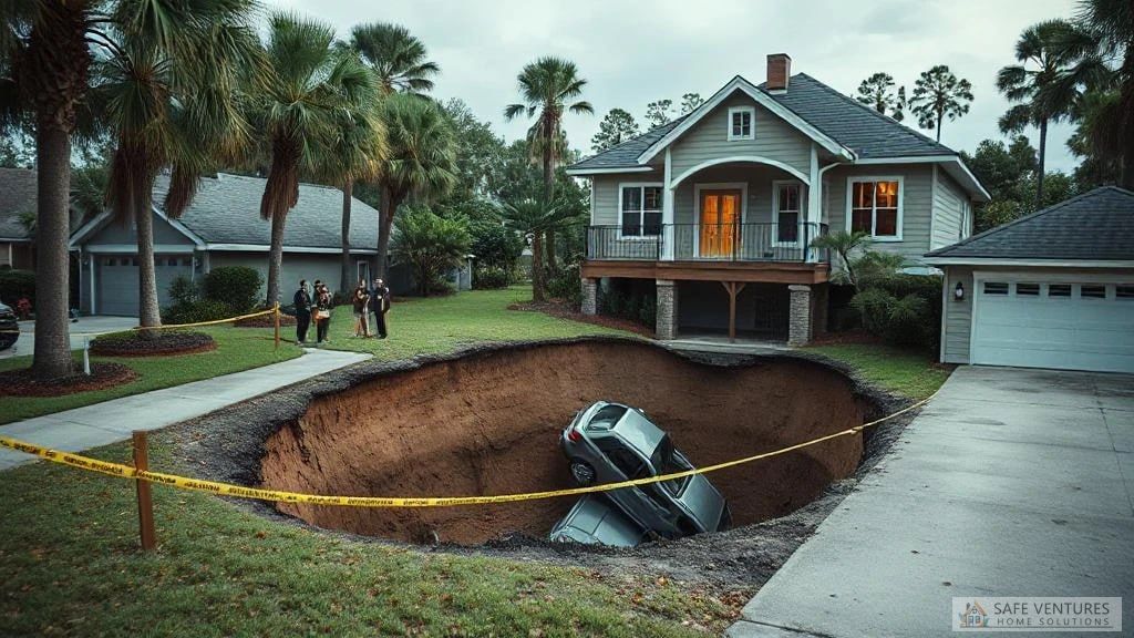 A large sinkhole is formed in front of a house in Florida with bystanders looking at the disaster