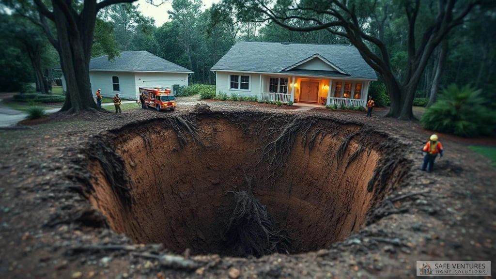 An enormous sinkhole took most of the private property in front of a one story house with emergency crews